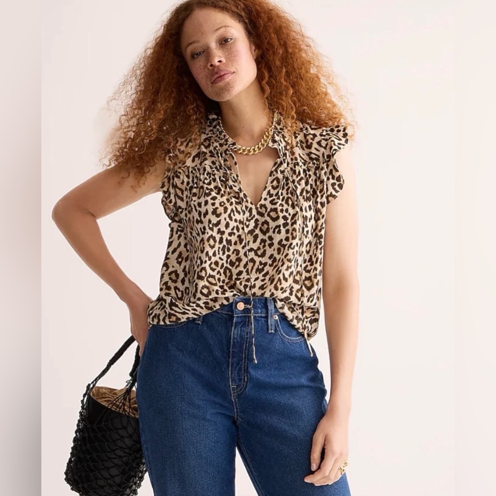 J.Crew Leopard Print Ruffle Neck Tie Front Flutter Sleeve Top Tan Brown XL